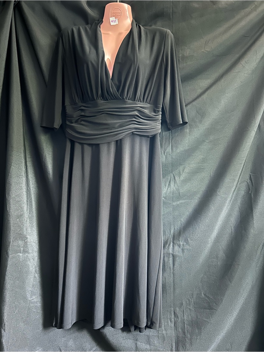 Jones New York Black V-Neck Draped Waist Women's Dress SZ 14